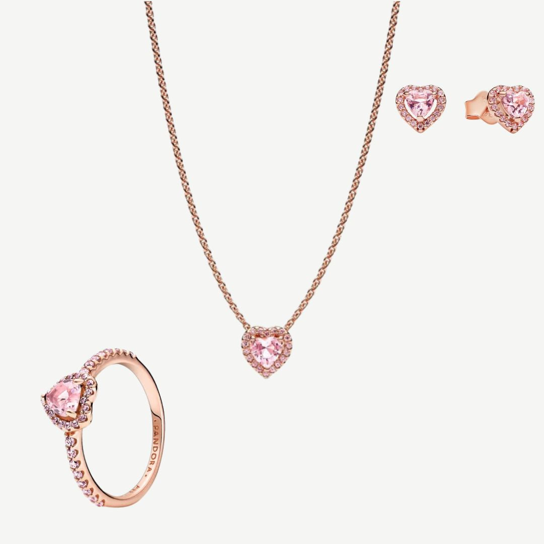Conjunto Corazon en Relieve Rose Gold (Collar Pendientes+ Anillo)
