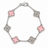 Pulsera Van Cleef Rosado Claro Plateado Treboles Pequeños