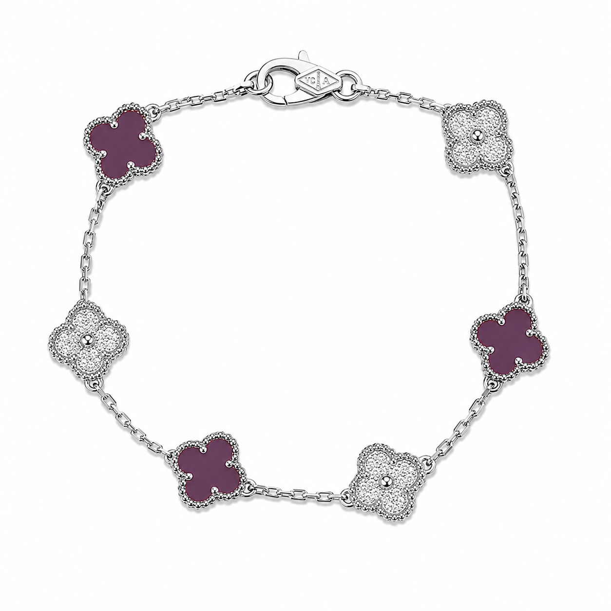 Pulsera Van Cleef Plateado y Morado Treboles Pequeños