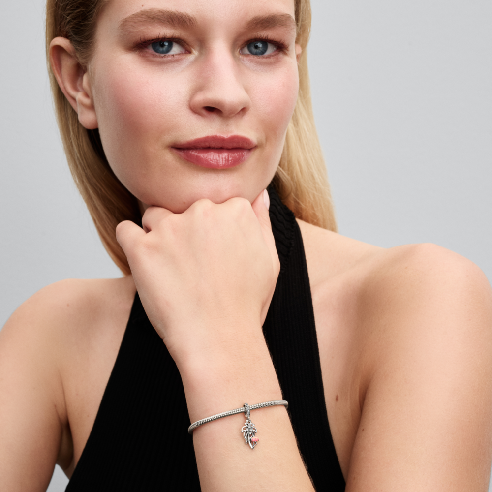 Charm Colgante de Palmera y Flamenco con ópalo rosado