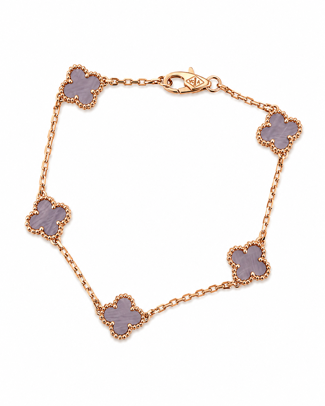 Pulsera Rose Gold Van Cleef Morado Claro Treboles Pequeños
