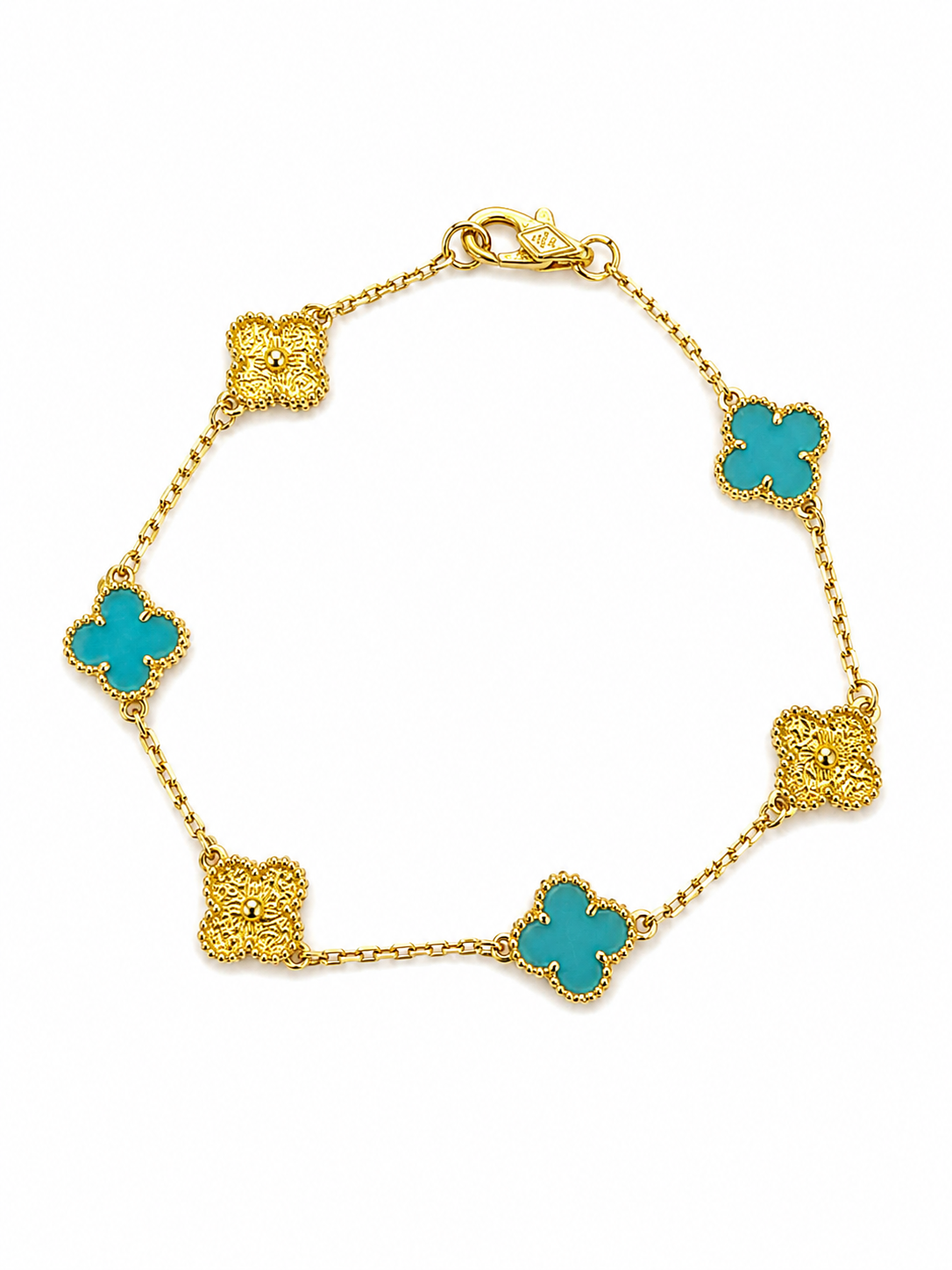 Pulsera Van Cleef Dorado y Azul Claro Treboles Pequeños