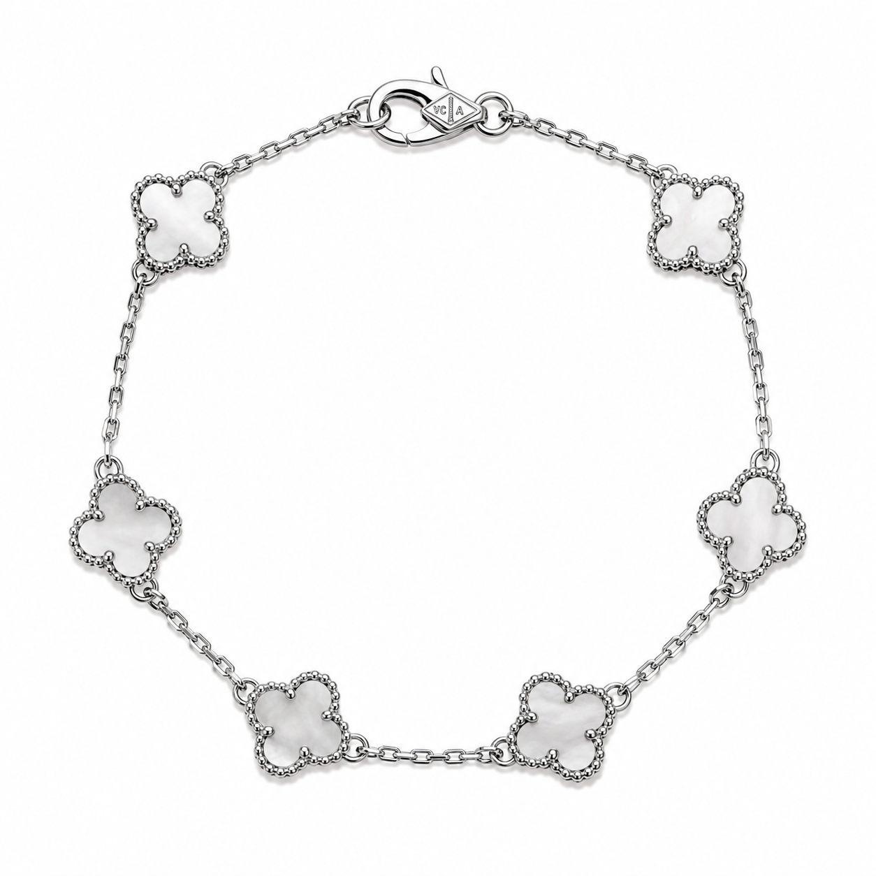 Pulsera Plateada Completa Van Cleef Treboles Pequeños