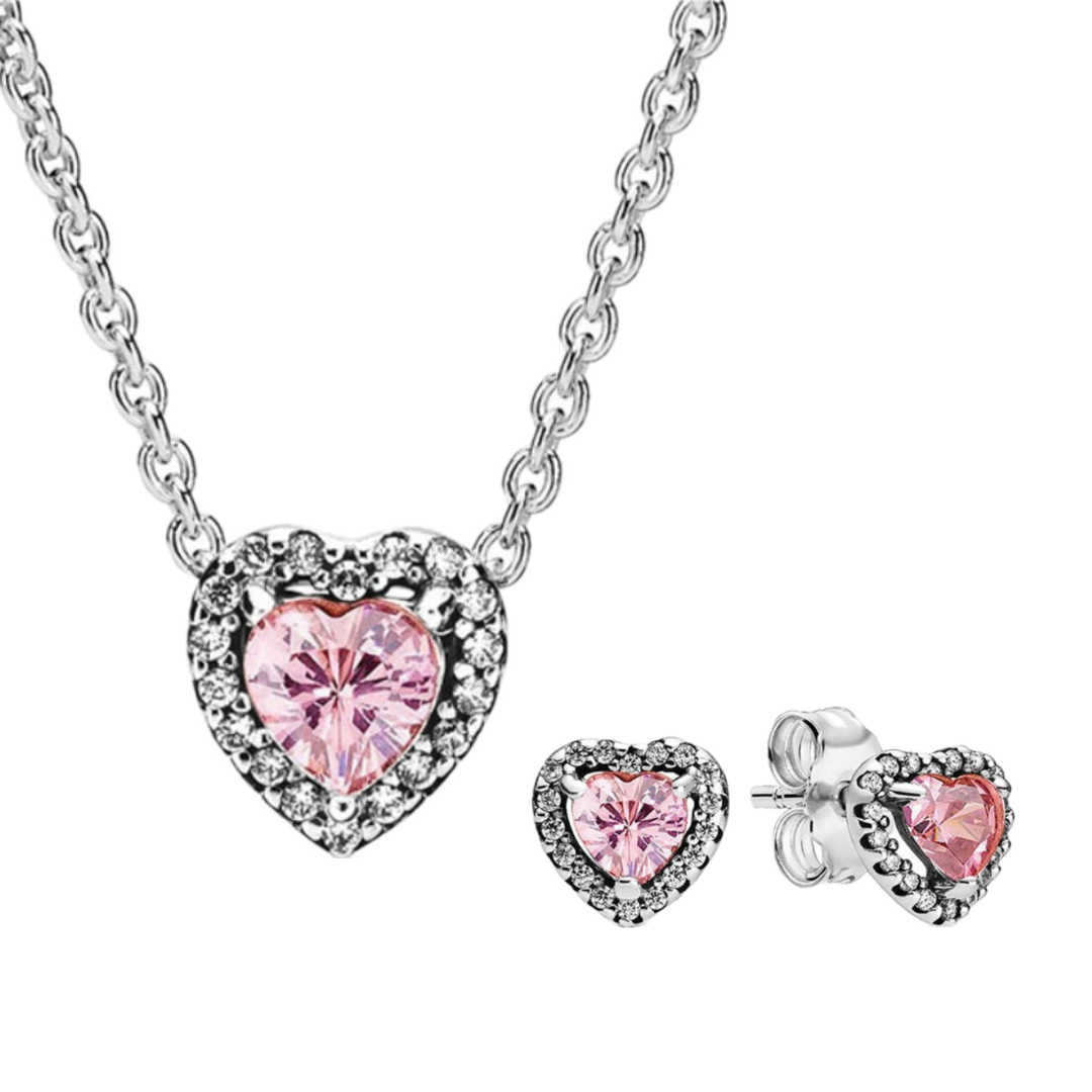 Conjunto Corazon en Relieve Rosa (Collar + Pendientes)