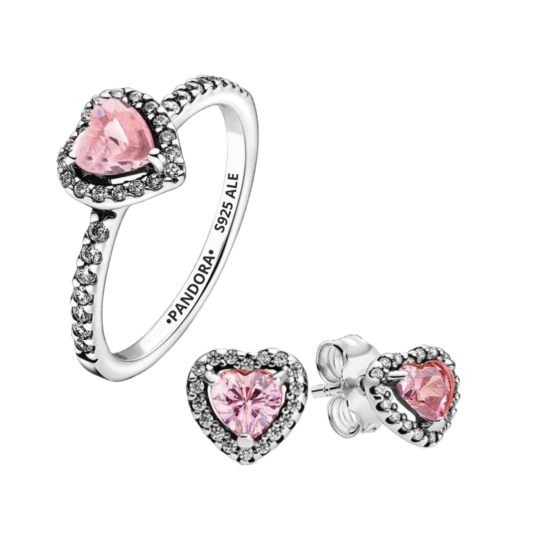 Conjunto Corazon en Relieve Rosa (Anillo + Pendientes)