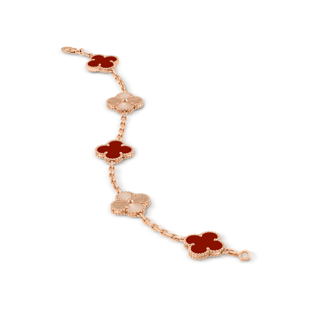 Pulsera Van Cleef Rojos y Rose Gold Alhambra Vintage 5 Tréboles
