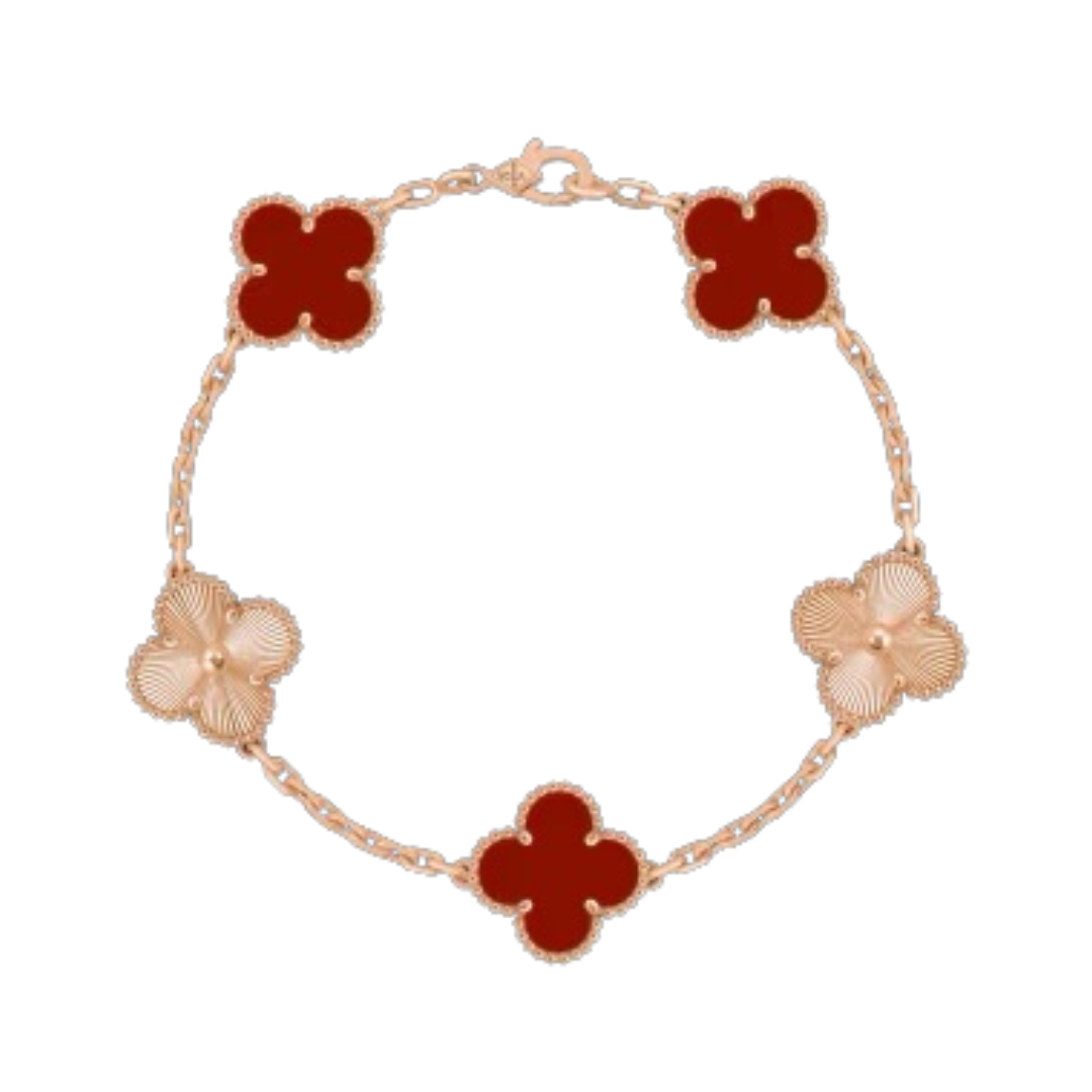 Pulsera Van Cleef Rojos y Rose Gold Alhambra Vintage 5 Tréboles