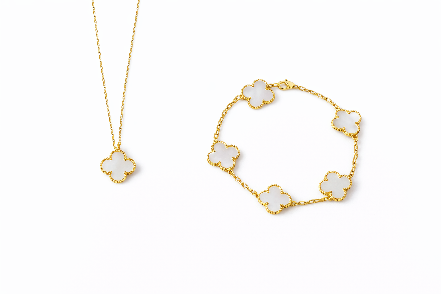 Conjunto Alhambra vintage Tréboles Blancos (Collar + Pulsera)