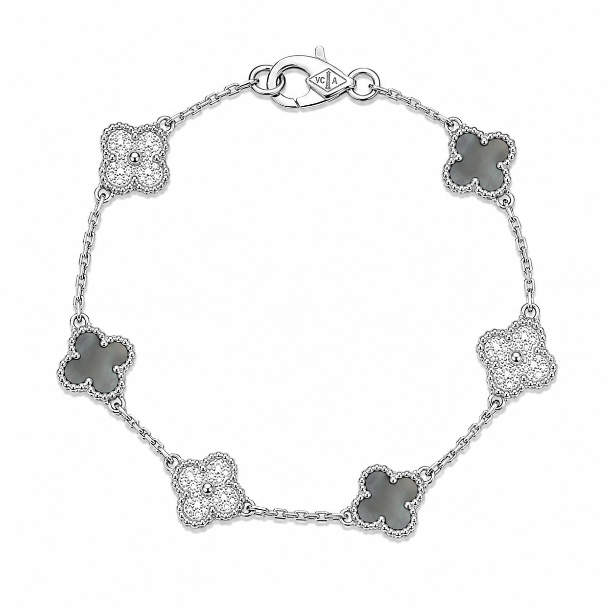Pulsera Van Cleef Plateado y Gris Treboles Pequeños