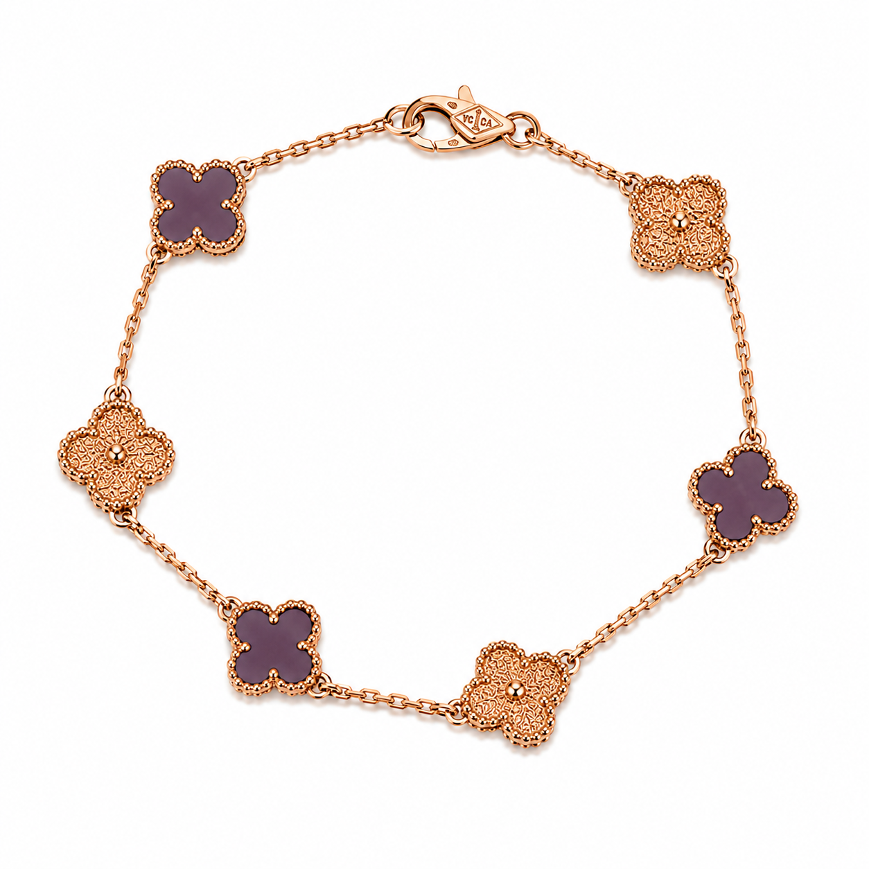 Pulsera Van Cleef Rose Gold y Morado Treboles Pequeños