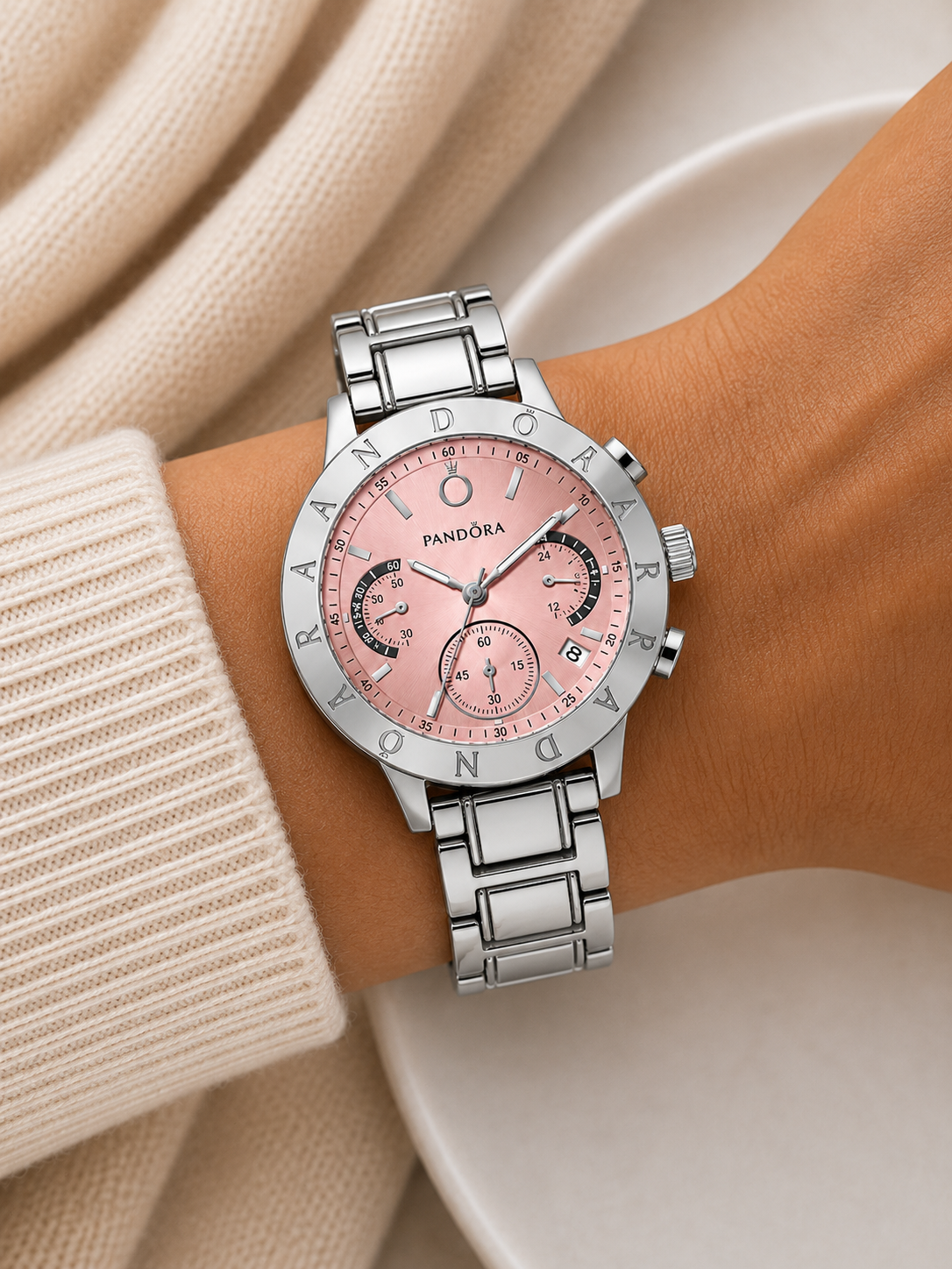Reloj Pandora Plateado Fondo Rosado