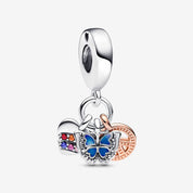 Charm Colgante Triple Corazón Arcoíris en Dos Tonos, Mariposa y Paz