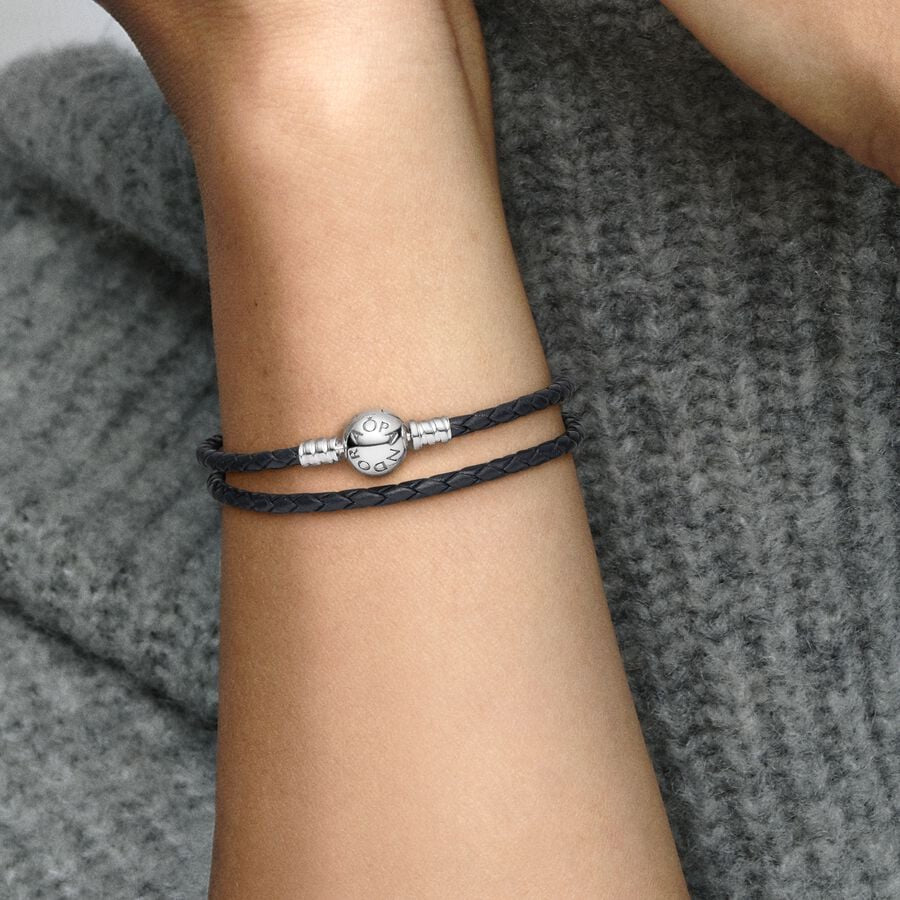 Pulsera Moments en leather trenzado doble negro