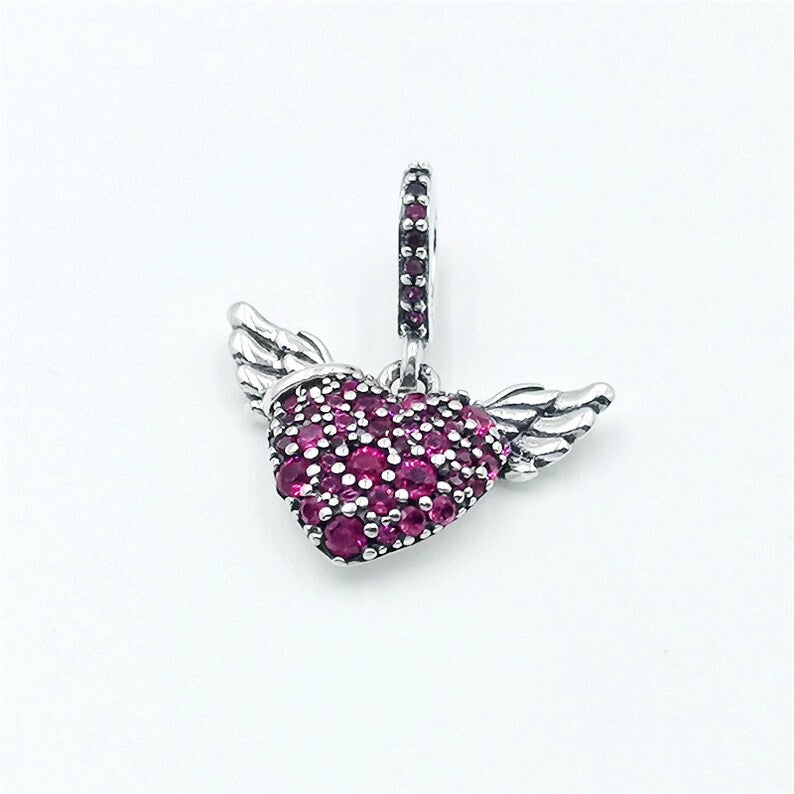 Charm colgante Corazón Rosa en Pavé con Alas de Angel