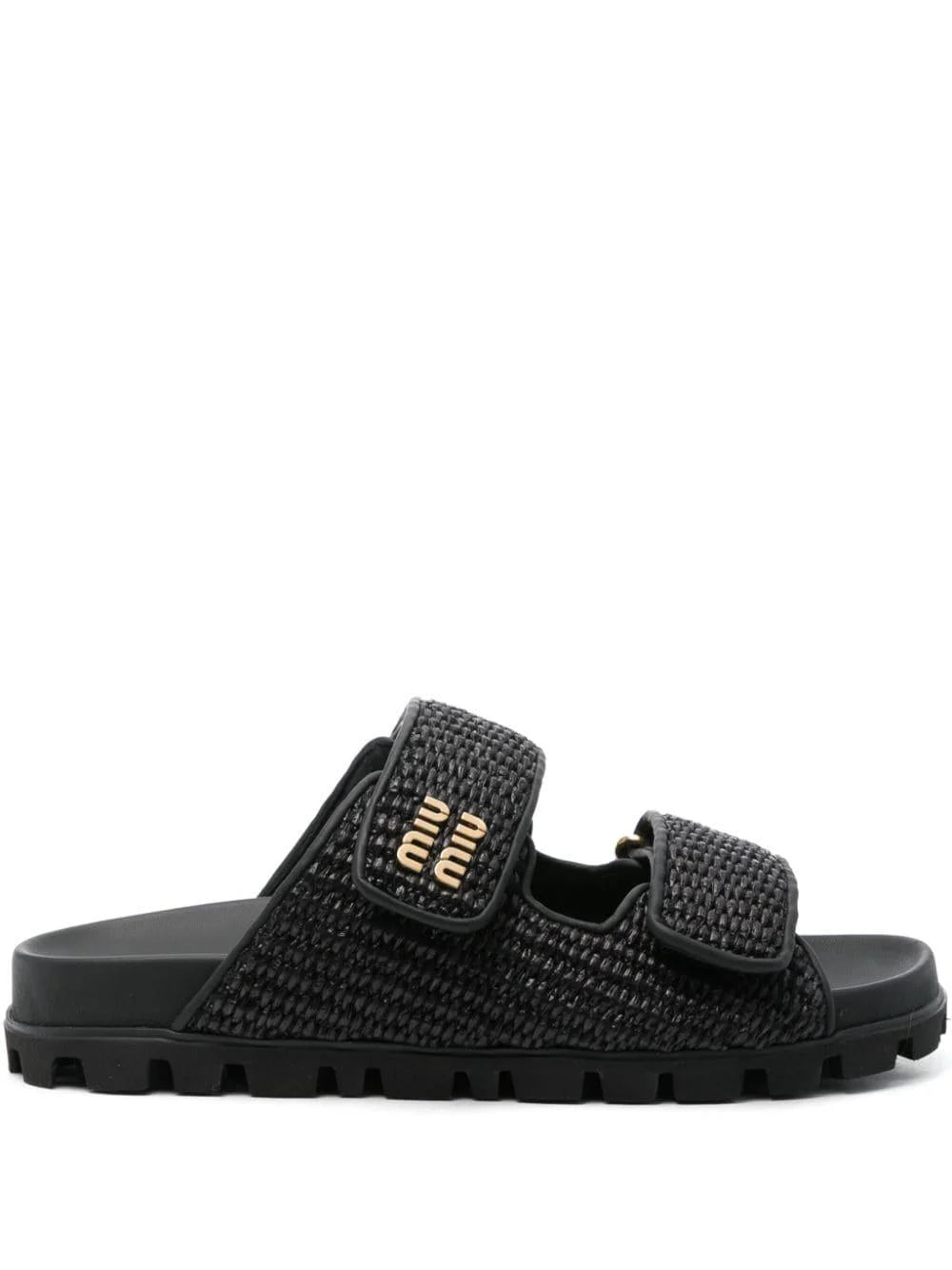 Sandalias Miu Miu Negras de Doble Correa con Logo Dorado